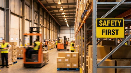 Busy warehouse with forklifts, workers, and stacked boxes, featuring a clear "SAFETY FIRST" sign. Highlighting logistics and workplace safety.