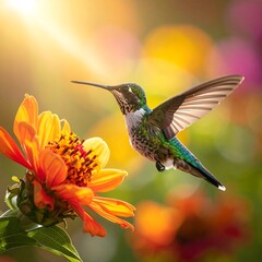 Fototapeta premium Tiny hummingbird hovering near a vibrant orange flower