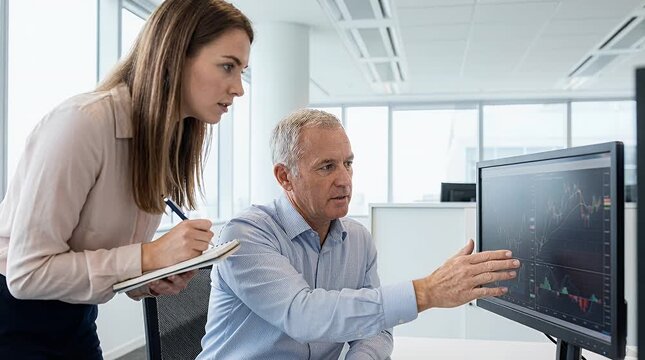 Professional colleagues analyzing data on computer monitor