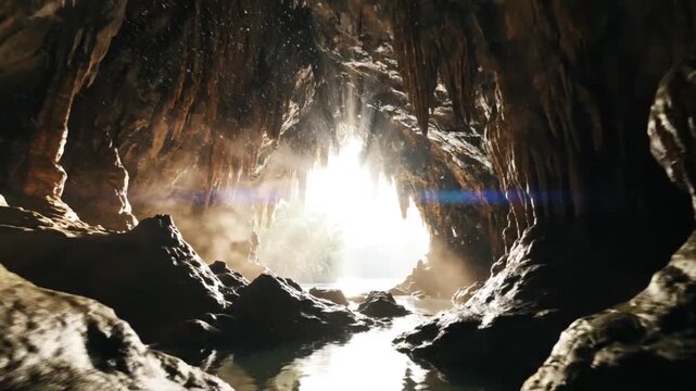 Stunning cave with bright light shining through the opening, beautiful scenery.