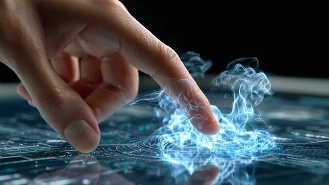 Tech Touch: A close-up view of a hand interacting with digital interface. It shows the future of seamless technology and user-friendly design.