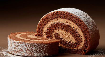 Rich chocolate swiss roll cake with creamy filling perfectly dusted sugar soft studio light captures delicious dessert. AI Generated