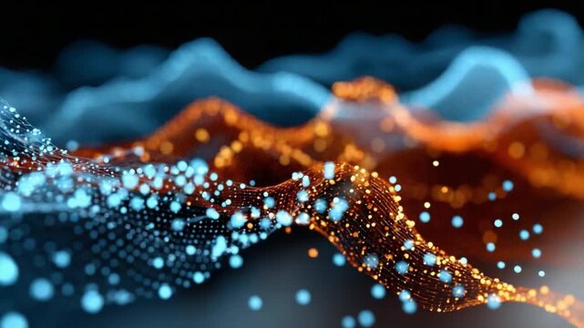 Digital Data Streams: a visually compelling illustration showcasing abstract digital data streams. Interweaving waves of vibrant orange and cool blue, create a dynamic tapestry. 