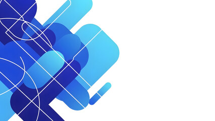 Modern abstract background featuring overlapping translucent blue squares, geometric shapes, and white digital network lines representing connectivity, big data, and futuristic technology