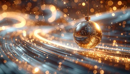 Golden Christmas Ornament in Swirling Motion with Sparkling Lights.