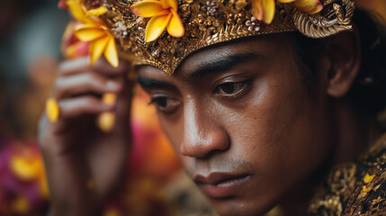 Celebrating Anniversary Denpasar City, Indonesia with Traditional Balinese Culture and Floral Headdress
