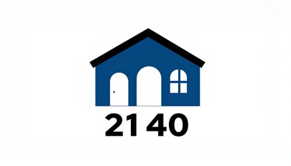Simple blue house icon with door and window graphic illustration.