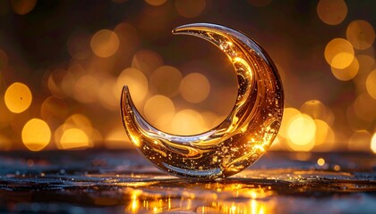 Golden crescent moon sculpture on reflective surface with bokeh lights.