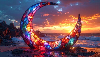 Vibrant stained glass crescent moon on a serene beach at sunset.