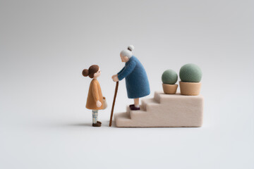 階段を上る高齢者を優しく支える少女の思いやり（フェルト・3D）まみおデザイン福祉シリーズ
