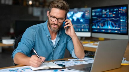 Focused Professional on a Call: A dedicated professional is engrossed in a call, diligently taking notes while navigating complex tasks, showcasing focus and the fast pace of modern office life.