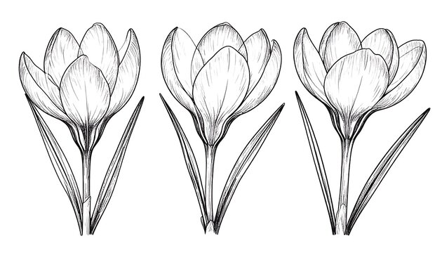 Three stylized, grayscale crocus flowers in different stages of bloom. Delicate line art depicts petals and foliage