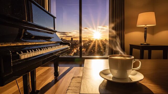 Sunlit piano beside a window, steaming cup on the table, warm lamp glow; cozy, serene ambiance.calm