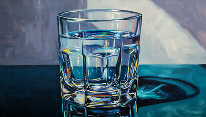 A Hyper-realistic Oil Painting Of A Glass Of Water, Capturing The Refractions And Reflections With Incredible Detail.