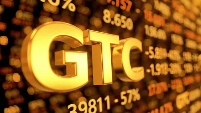 A shiny gold 3D rendering of the letters GTC on a blurred background of stock market numbers in shades of gold and orange
