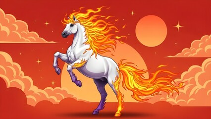 White horse rearing with mane and tail made of glowing orange flames. Chinese zodiac Fire Horse illustration for Lunar New Year, mythology, and power concept on red sunset background.