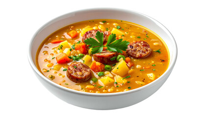A hearty, appetizing soup in a white bowl, garnished with parsley, sausage & veggies