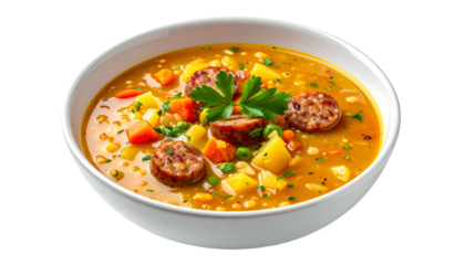 A hearty, appetizing soup in a white bowl, garnished with parsley, sausage & veggies