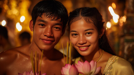Young Couple Celebrating Meak Bochea Day in Cambodia with Lotus Flowers