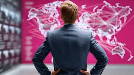 Strategic Outlook: A focused businessman, arms akimbo, gazes intently at a vibrant, illuminated world map, pondering global strategies and future business opportunities. 