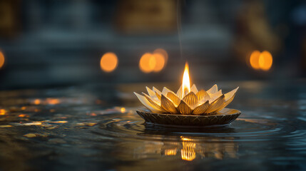 Celebrating Meak Bochea Day in Cambodia with a serene lotus candle floating on a peaceful water body at dusk