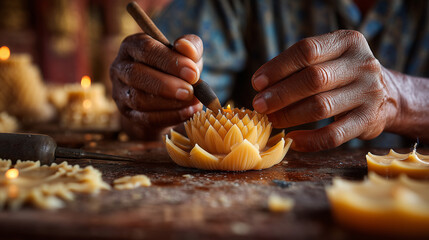 Celebrating Meak Bochea Day in Cambodia, a person intricately carves a lotus flower from oranges on a wooden table