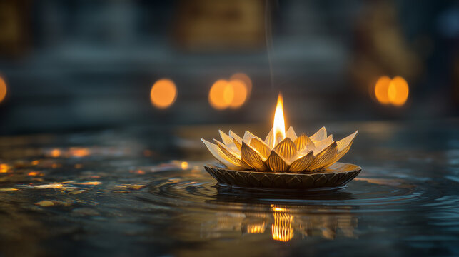 Celebrating Meak Bochea Day in Cambodia with a serene lotus candle floating on a peaceful water body at dusk