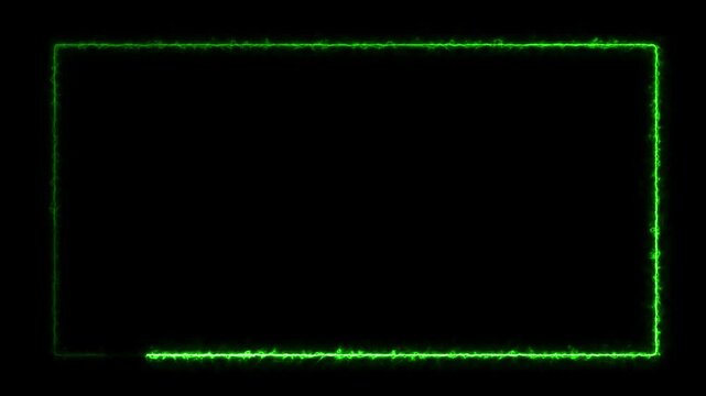 Modern electric green flickering neon light frame in a rounded rectangle shape on a black background.