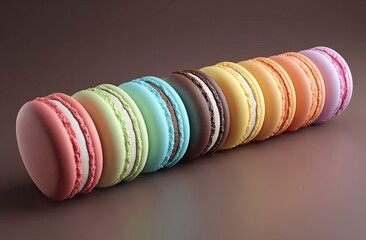 A delightful row of colorful French macarons on a dark background.