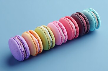 A delightful row of colorful French macarons on a pastel background.