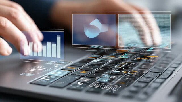 Digital Analytics: The image of person hands busy on notebook keyboard. overlay a digital interface to show the analytics graph. a dynamic presentation of data in the digital space.