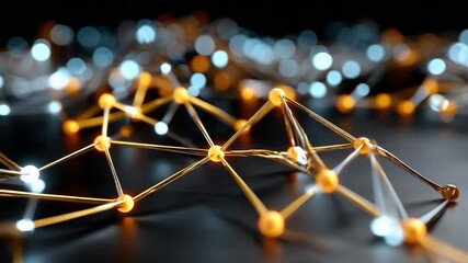 Digital Network: Intricate golden network of interconnected nodes against a backdrop of blurred lights, illustrating the complex structure of digital connectivity and technological advancement. - Powered by Adobe