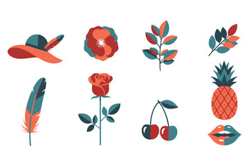 colorful illustrations of various objects including hat flowers leaves fruit and lips on white background