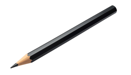 A digitally rendered, isolated, sharpened, black pencil resting on a solid black background