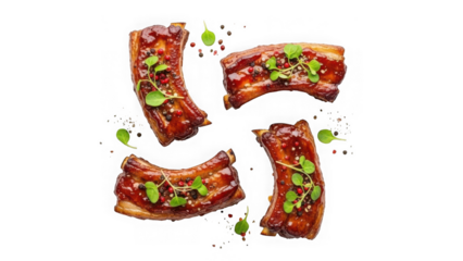 Four pork ribs with herbs on transparent background isolated
