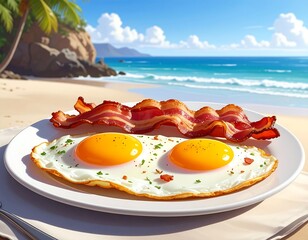 Sunny-side-up eggs and crispy bacon on a plate, set on a beach table with a palm-lined shoreline and ocean in the background