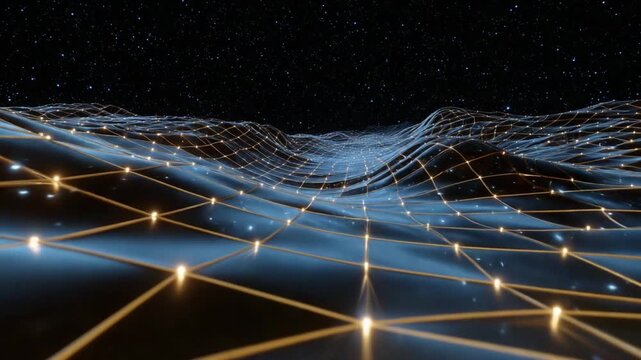 Digital Landscape: A visualization of data connectivity, rendered in a mesmerizing digital landscape with illuminated nodes across undulating terrain against the backdrop of a starlit cosmos.