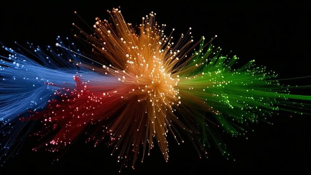Abstract Fiber Optic Display: A vibrant display of colorful fiber optic strands radiates outwards from a central point, forming a visually captivating and intricate network.