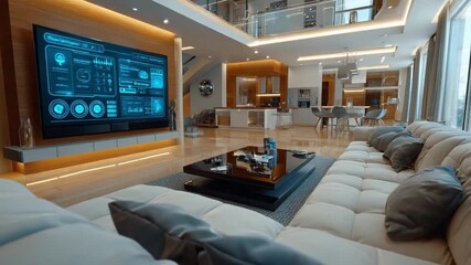 Luxury Living: An exquisitely designed living space embodies sophistication, featuring a seamless fusion of comfort and technology. The expansive layout showcases plush seating, a sleek coffee table.
