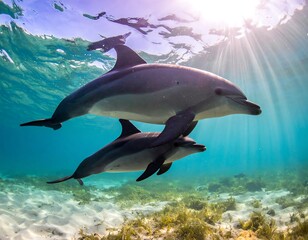 Fototapeta premium Two dolphins swimming in clear water, with sunlight filtering down