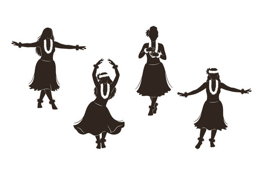 Four hula dancers in various poses with leis and traditional Hawaiian outfits on white background