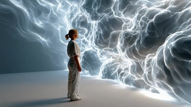 Navigating the Ether: A figure stands amidst a luminous, ethereal cloud formation, bathed in the glow of a powerful, energetic display, a testament to the wonders of exploration