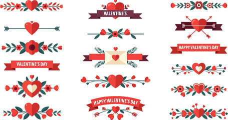 Valentine's Day graphic design elements with hearts and flowers flat design vectors editable EPS