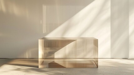 Rectangular transparent display pedestal catches warm sunlight creating dramatic diagonal shadows.