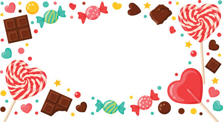Colorful candy border with lollipops and chocolates on transparent background 