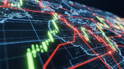 A 3D globe displaying stock market data with red and green graphs and lines on a dark background - Powered by Adobe
