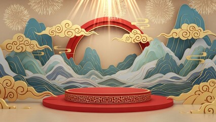 Festive chinese new year celebration with a red display podium and traditional auspicious elements