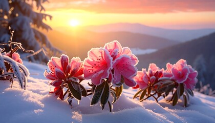 Sunrise illuminates delicate pink blossoms emerging from a blanket of snow in a mountain range, creating a serene, cold landscape
