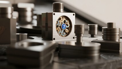 Precision mechanical components with intricate gear assembly and blue jewel bearing