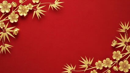 Festive golden plum blossoms and bamboo on a textured red background for new year greetings.